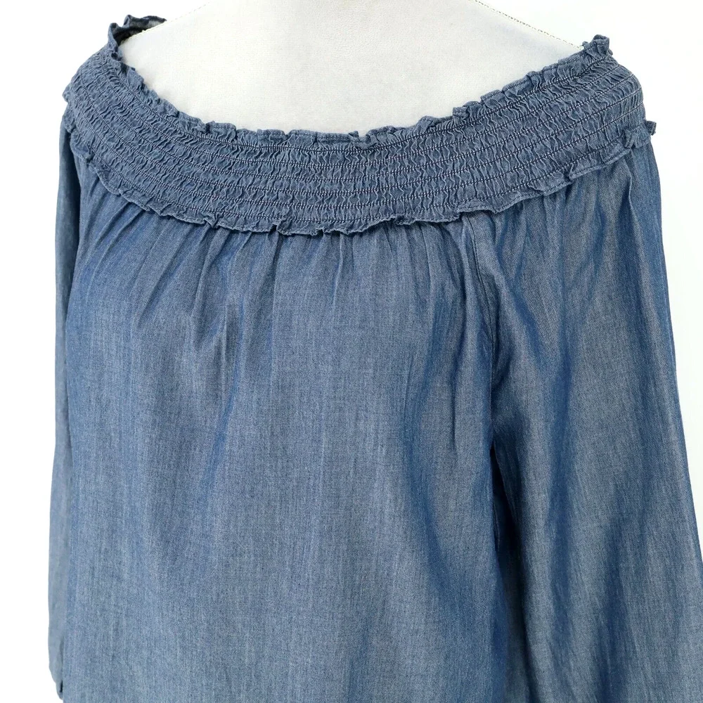 Chicos Top 1 Womens Medium 8 Blue Cotton Off Shoulder Blouse Boho Romantic - Picture 8 of 13
